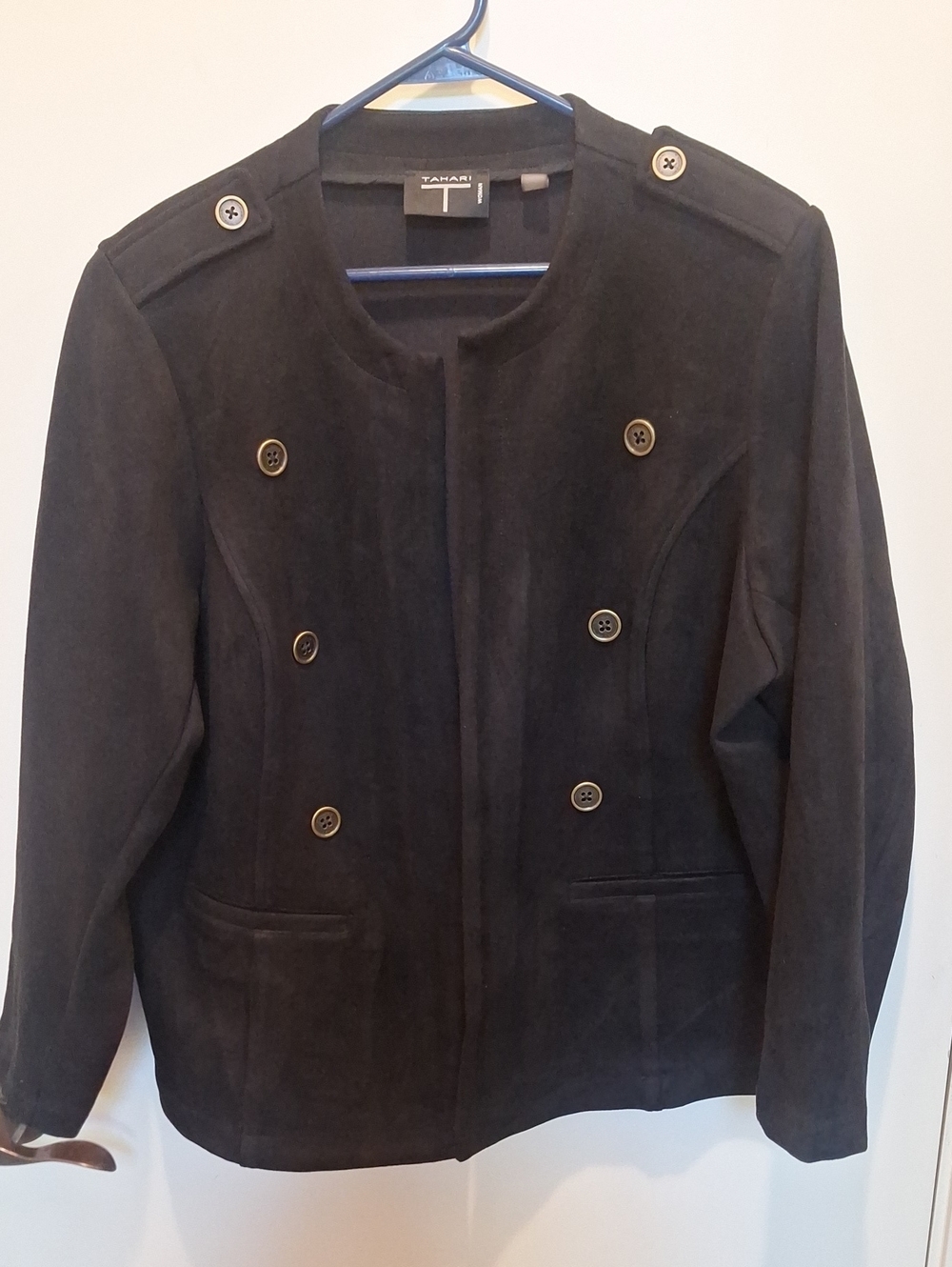 Tahari Black Double-Breasted Faux Suede Pea Coat